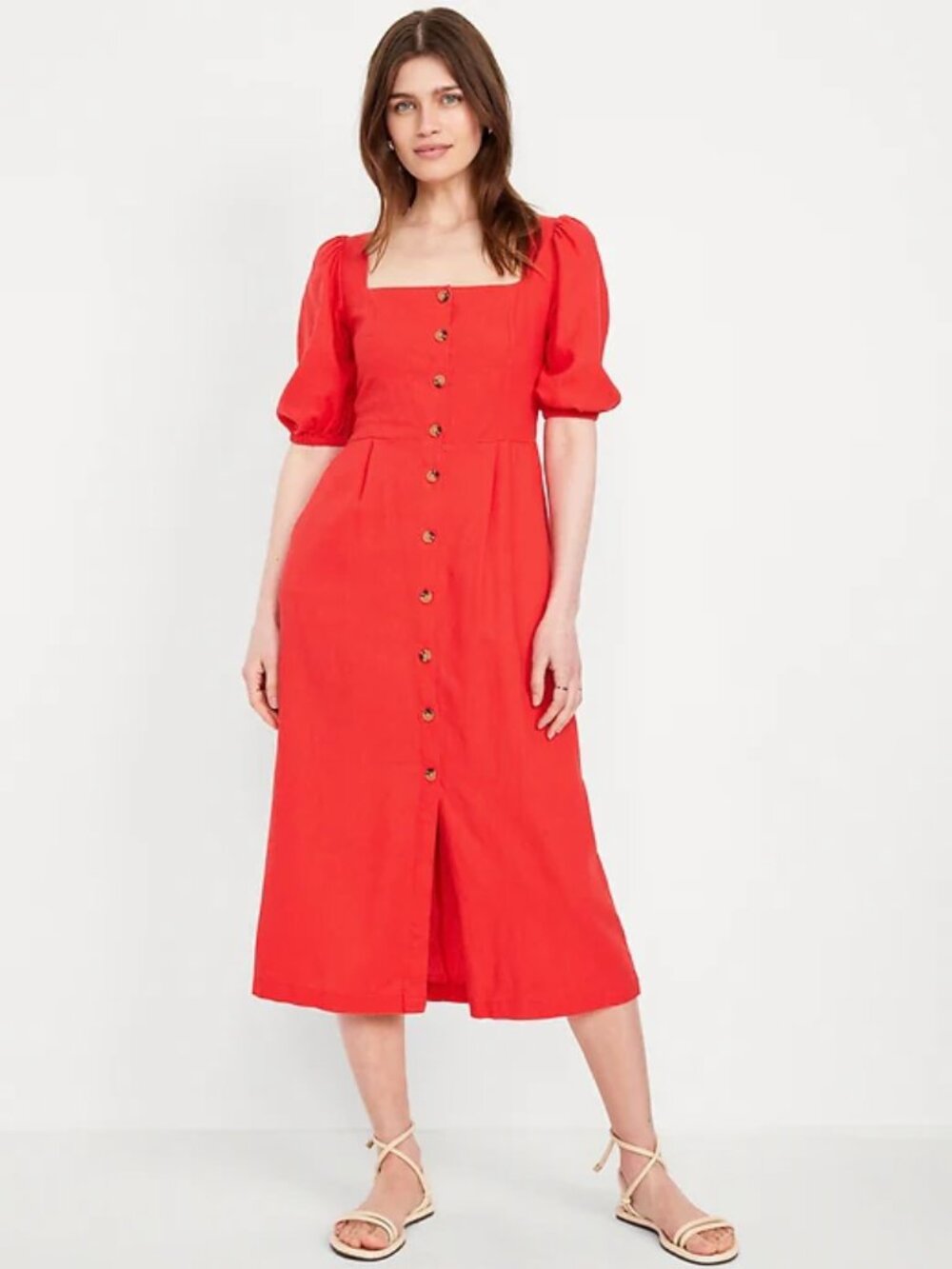 Old Navy Linen Blend Button-Front Midi Dress Bright Coral Red L Petite NWT
